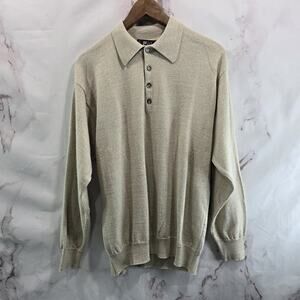 Fiji Sweater Mens Medium Beige Collared Wool Vintage Henley Button Lightweight